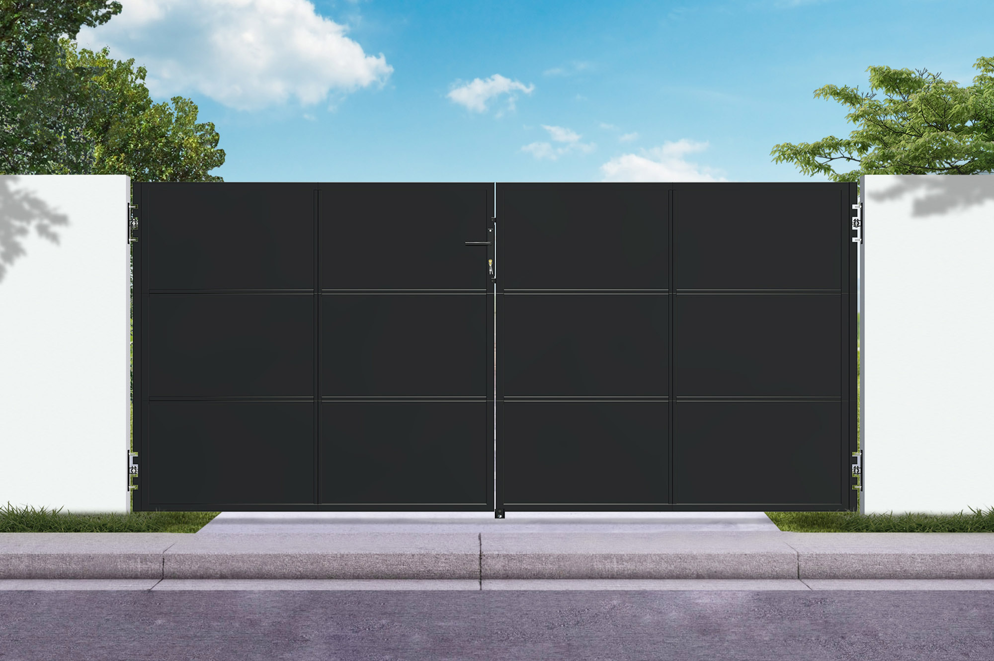 Puerta nali de acero negro mate de 3,5 m y 160 cm de altura.