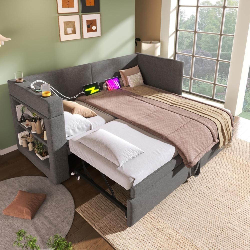 Cama 90x200cm lino y algodón con somier y usb gris