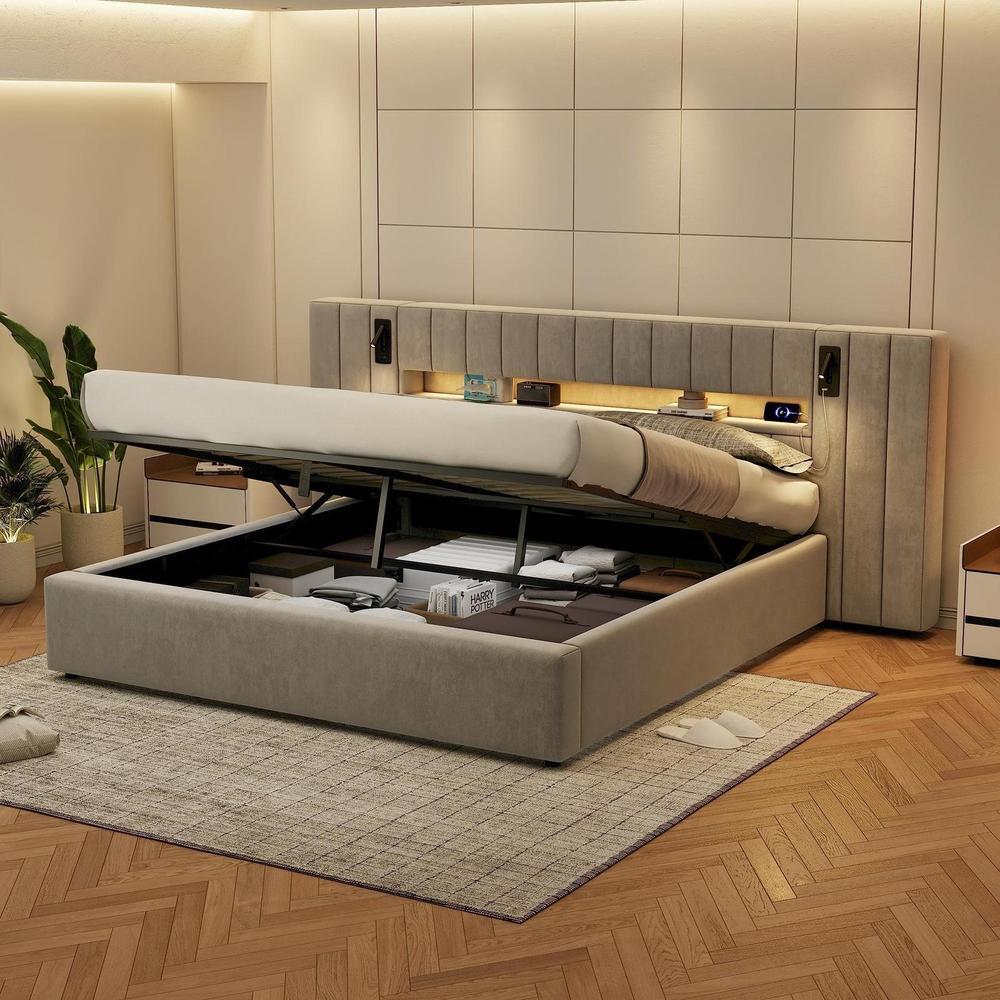 Sofa cama 180x200cm con almacenaje y luz LED gris