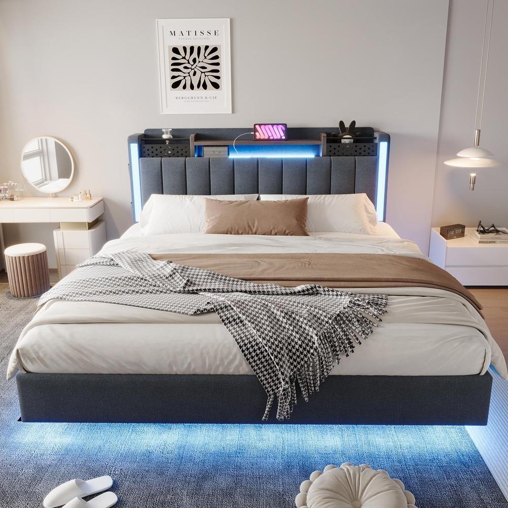 Cama doble tapizada con LED usb y almacenaje 160x200cm gris