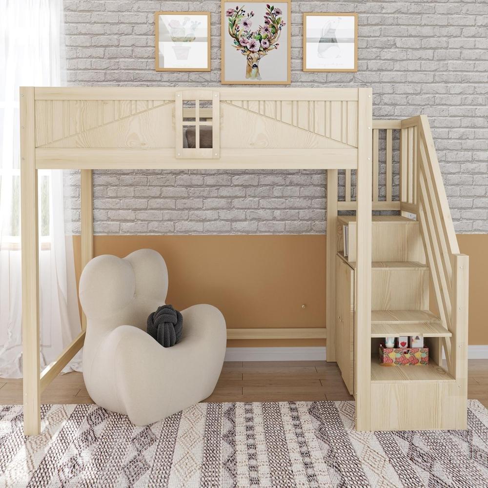 Cama alta de madera maciza 90x200cm con escalera almacenaje natural