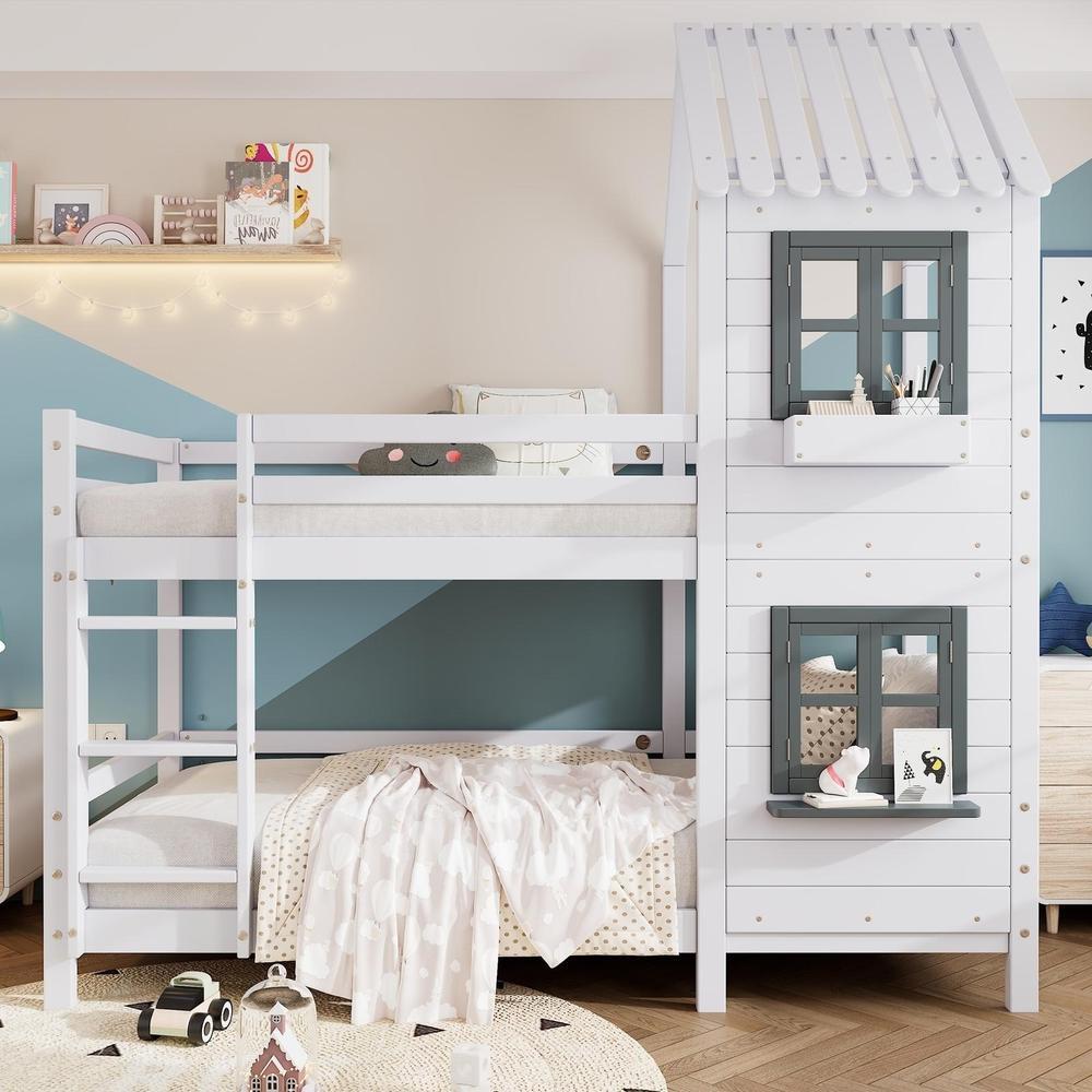 Cama casa infantil con barreras y escalera lateral 90x200cm blanco