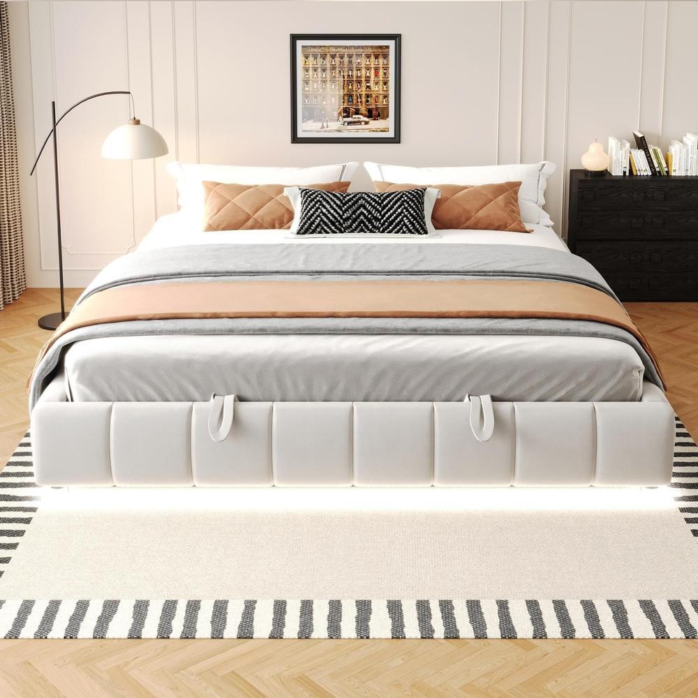 Cama canapé 180x200cm sin cabecero, LED, base hidráulica y lamas beige