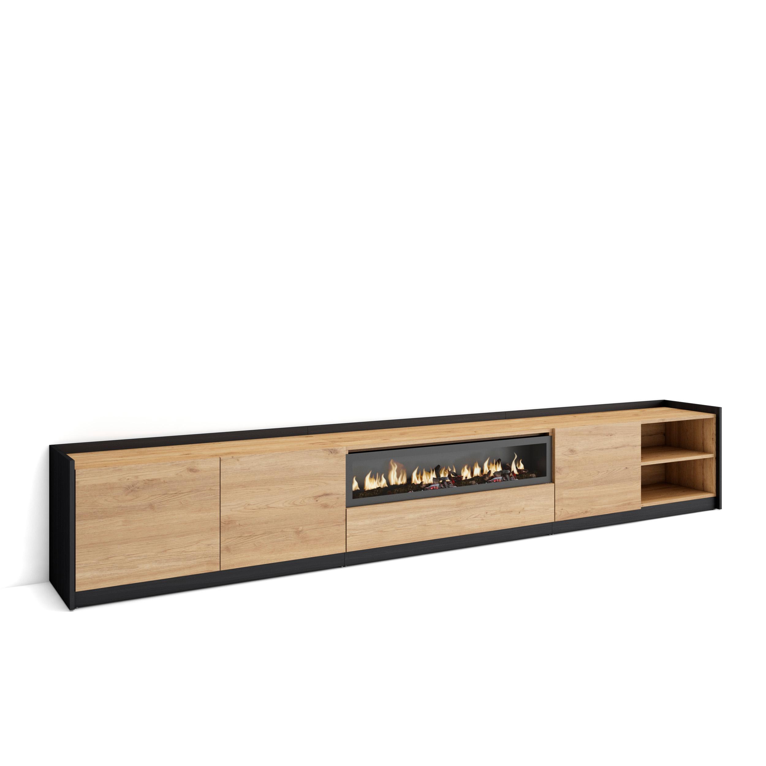 Mueble tv, 310x37x50cm, roble y negro, chimenea eléctrica rf4353