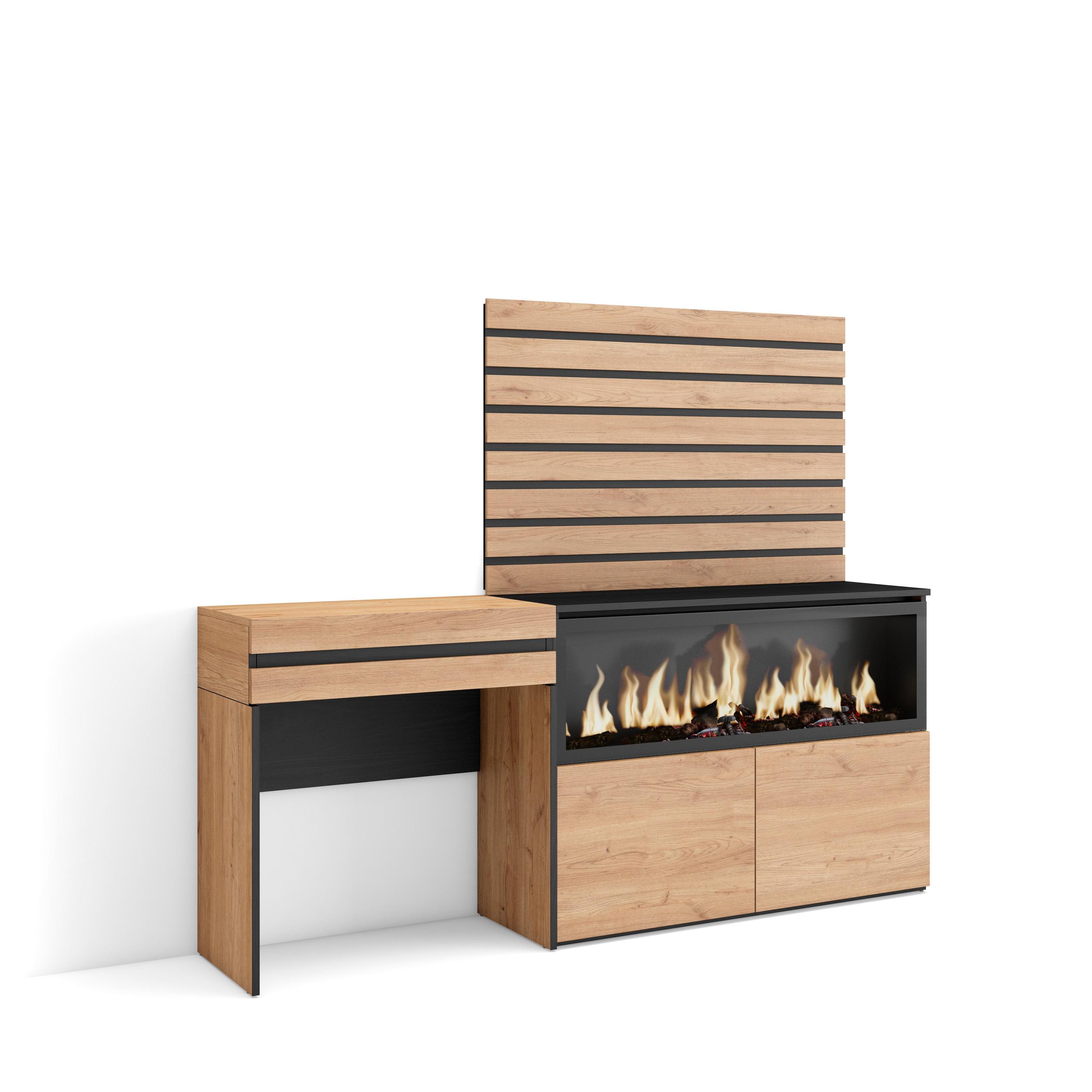 Tocador, 177x35x145cm, chimenea eléctrica xxl, listones decorativos rf3481