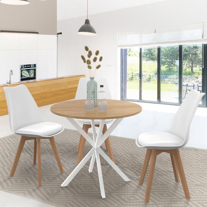 Mesa redonda de madera y metal blanco para 4 personas - 80 cm