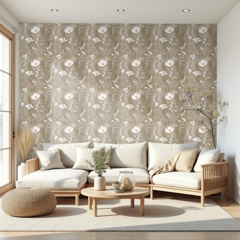 Papel floral elegante flores blancas fondo marrón cálido 60cm por 300cm
