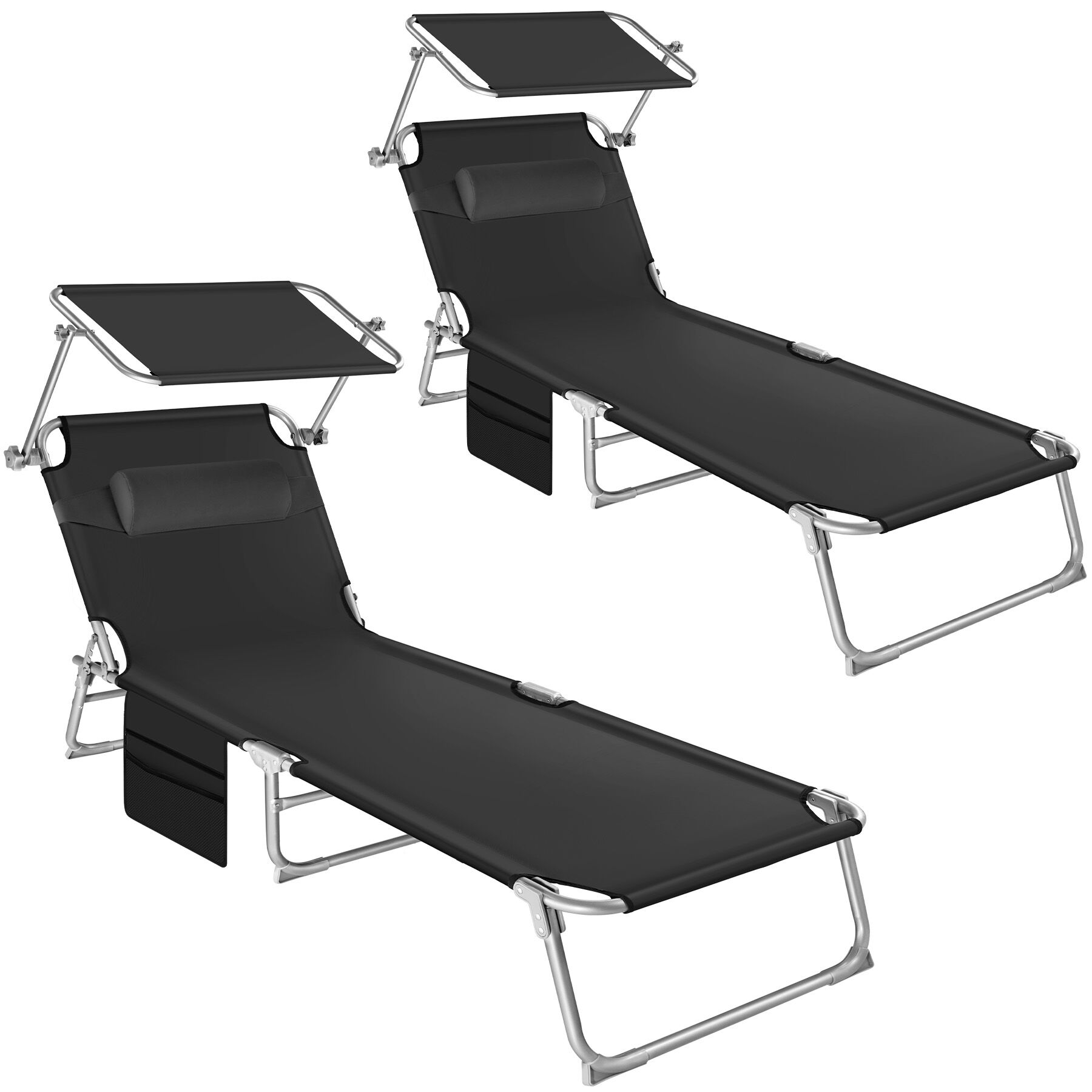 Tectake 2 tumbonas acero, plegables, 4posiciones, reposacabezas, negro