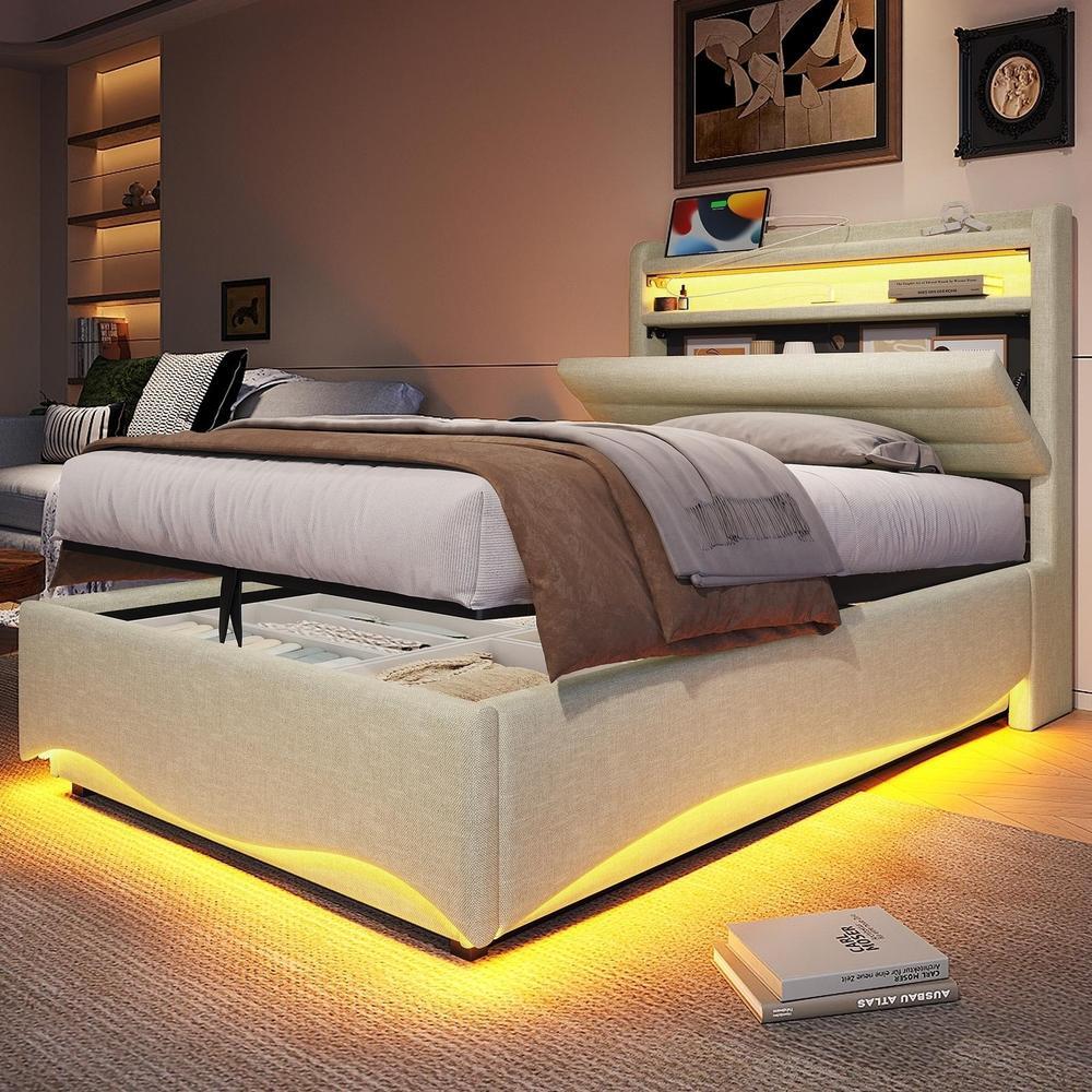 Cama tapizada con luces LED y almacenamiento 90x200cm beige