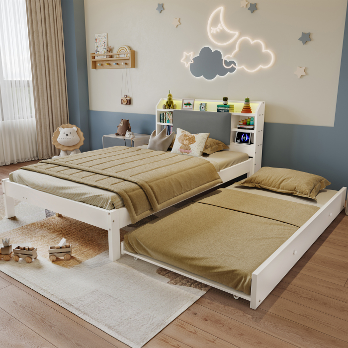 Cama de madera 120x200 cm con cama nido cabecero tapizado y carga blanca