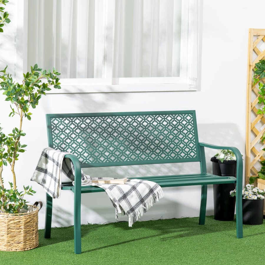 Banco jardín acero verde oscuro 2 plazas respaldo reposabrazos 127x63x83 cm