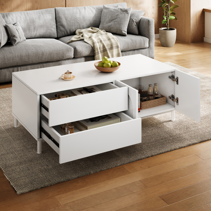 Mesa de centro con 2 cajones y 2 puertas blanca 39,5x100x50cm
