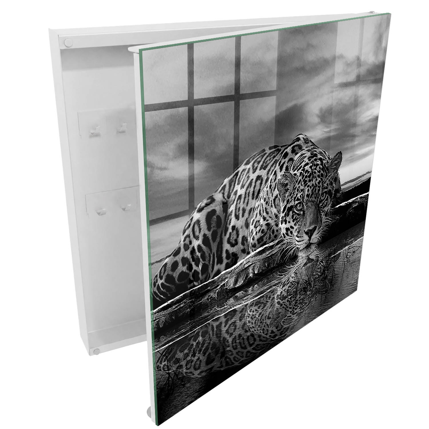 Caja para llaves 30x30x5 jaguares en el agua, apertura derecha