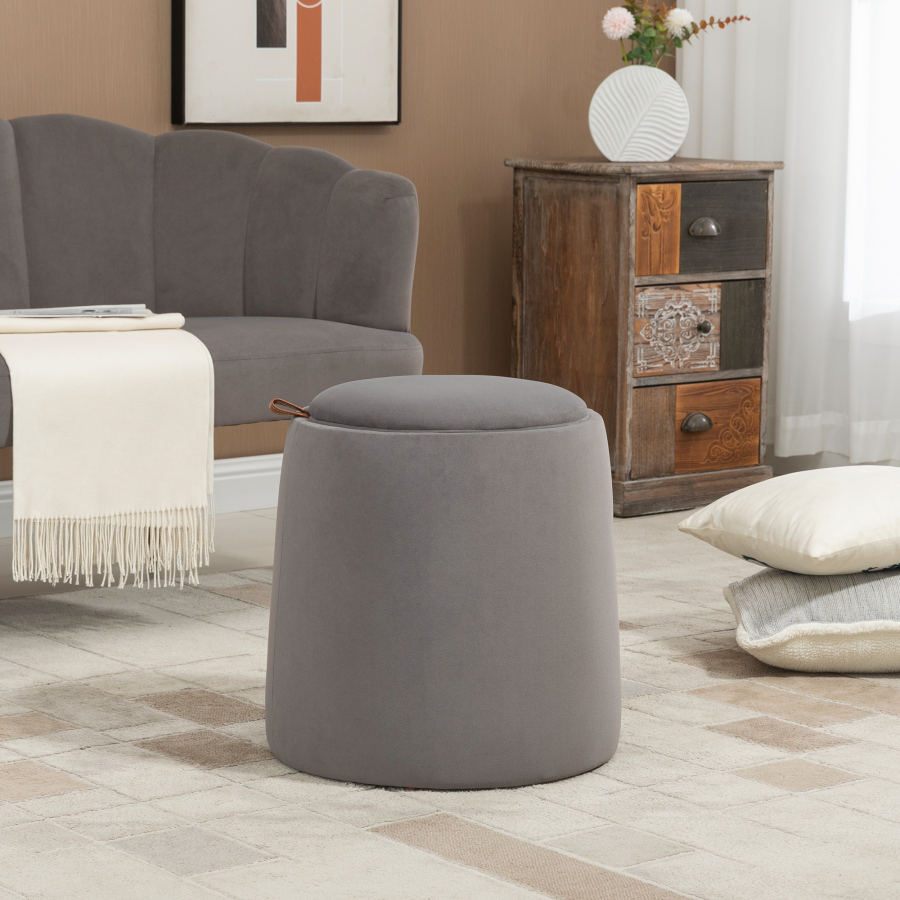 Puff redondo multifunción con almacenaje tapa reversible gris oscuro 44 cm
