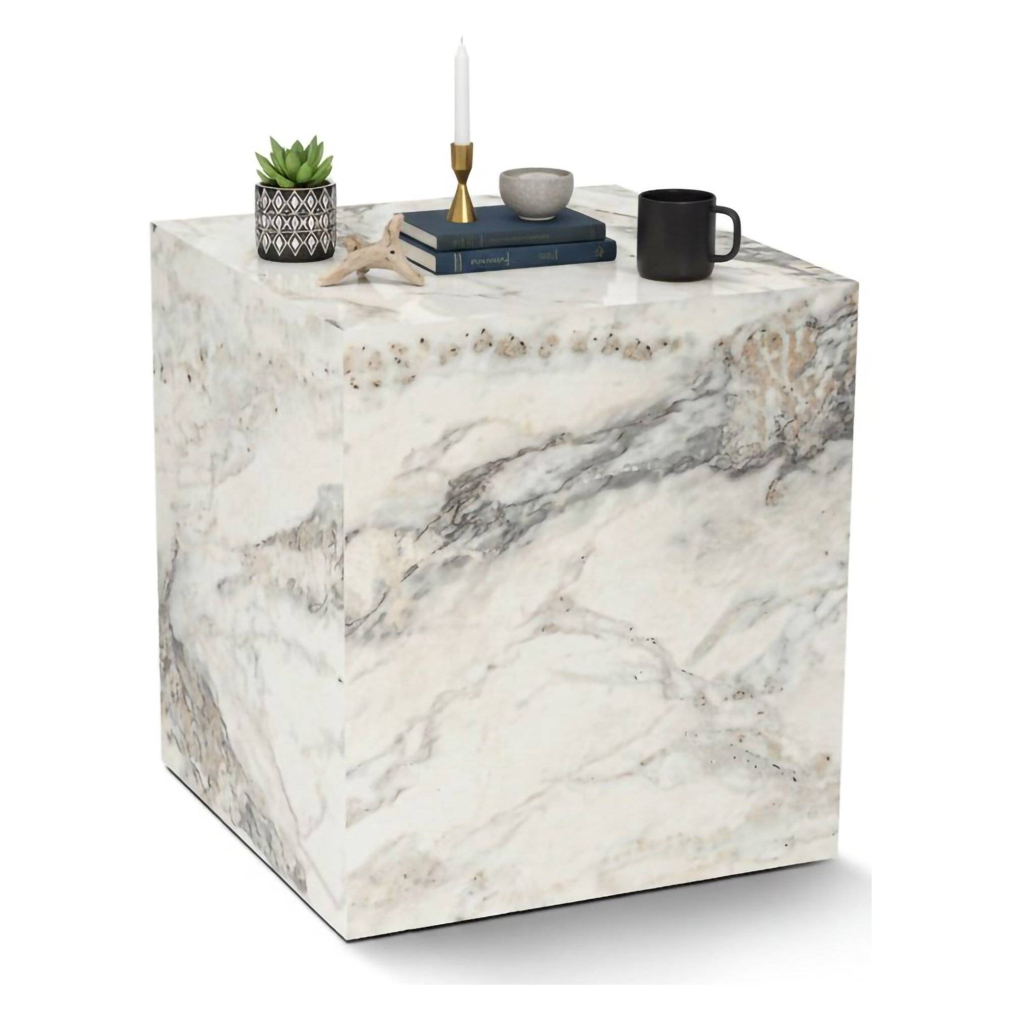 Mesa de centro imogen, cubo, madera blanca mármol