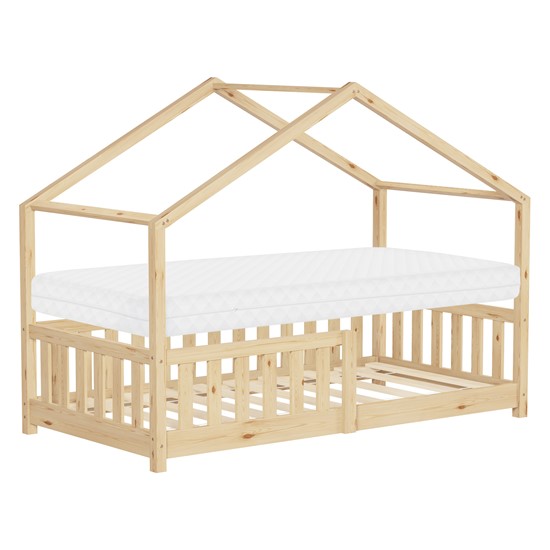 Cama infantil casa de madera natural maciza pino 80x160cm con colchón