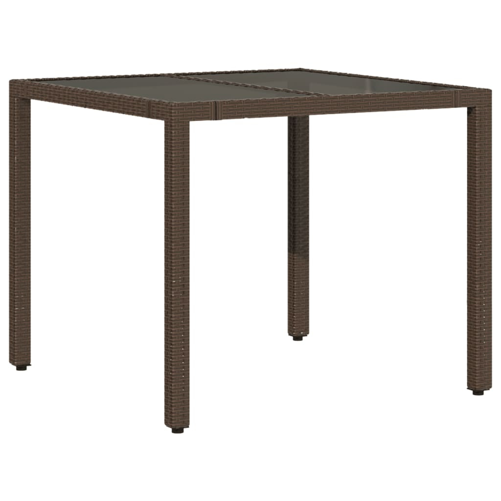 vidaXL mesa de jardín superficie de vidrio ratán pe marrón 90x90x75 cm