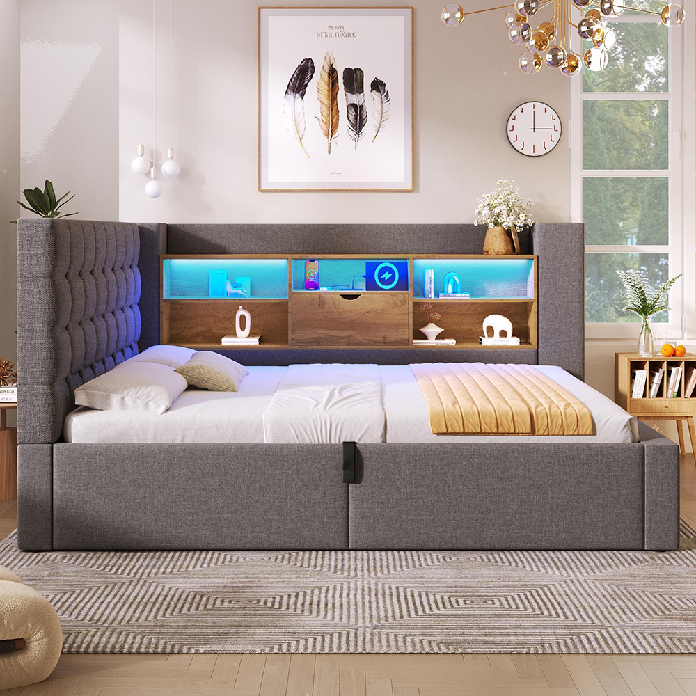 Cama tapizada,140×200,hidráulica,gris,con colchón