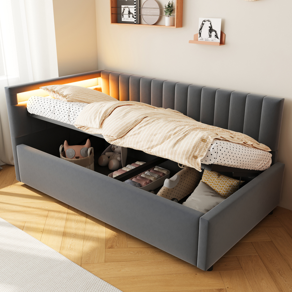 Sofá cama tapizado 90x200cm con canapé hidráulico LED terciopelo gris
