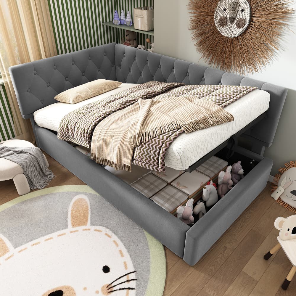 Cama tapizada 90x200cm con canapé hidráulico terciopelo – color gris