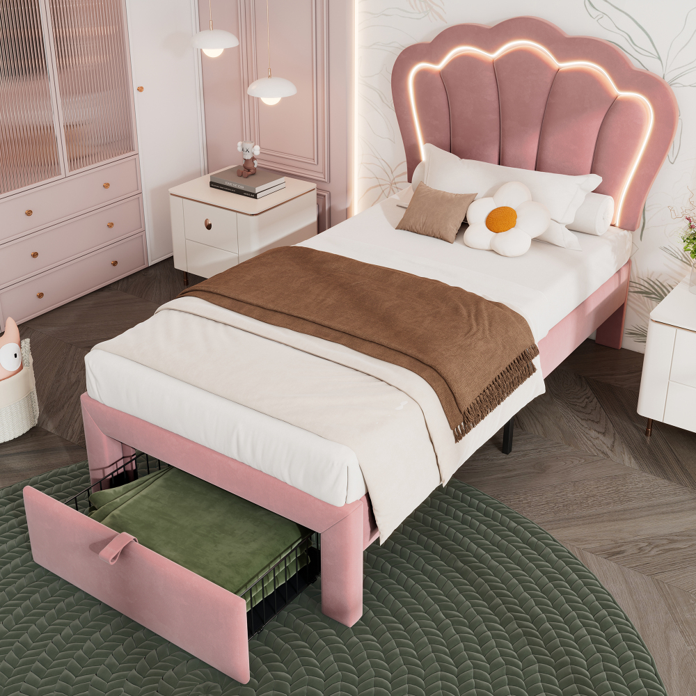 Cama individual tapizada 90x200cm con LED y cajón terciopelo – rosa