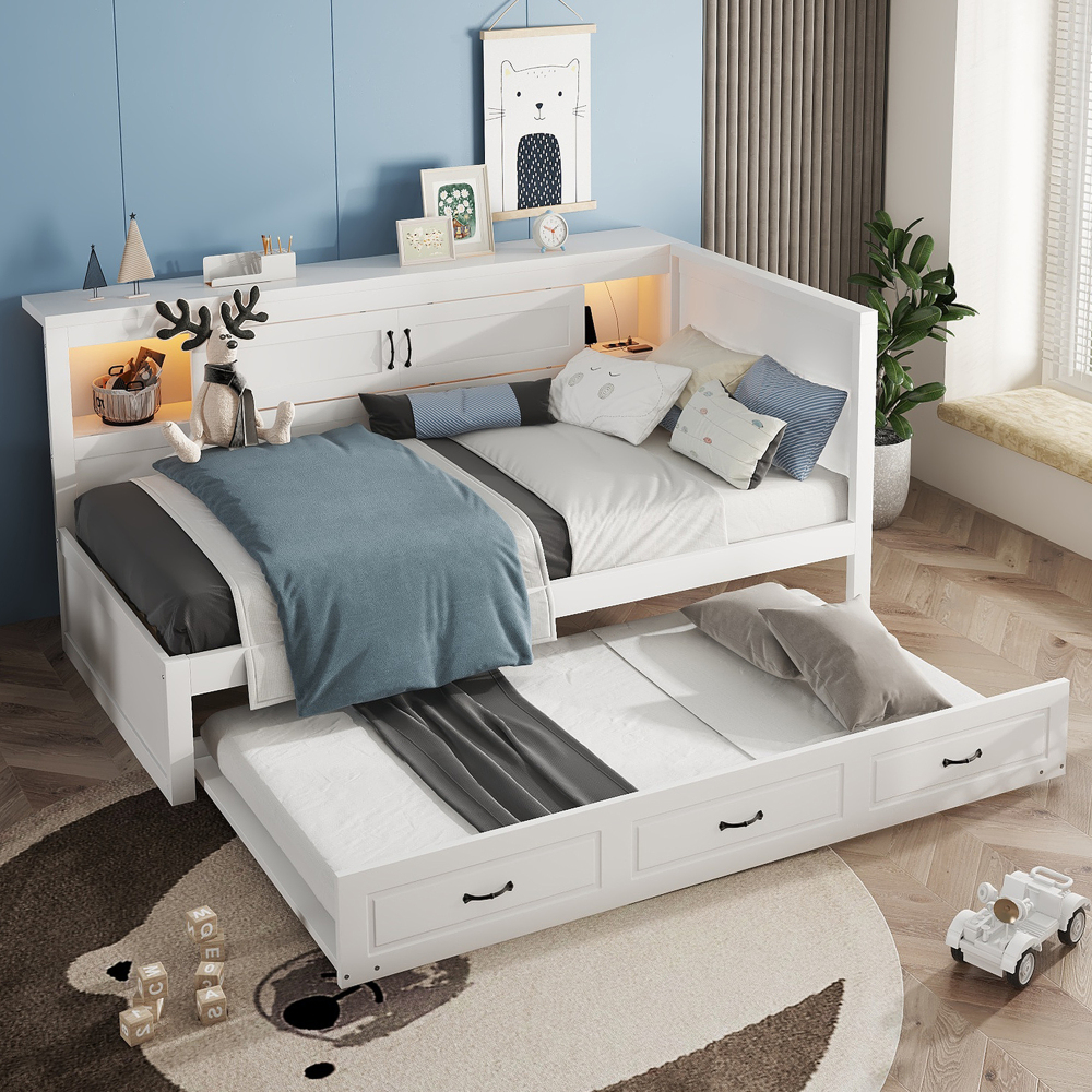 Cama nido 90x200cm con LED, usb y compartimentos mdf y aglomerado – blanco