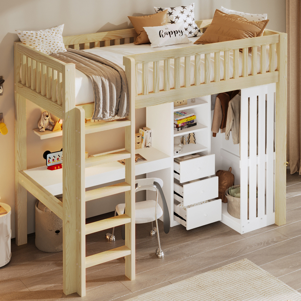 Cama alta 90x200 cm con escritorio armario y 3 cajones madera – natural