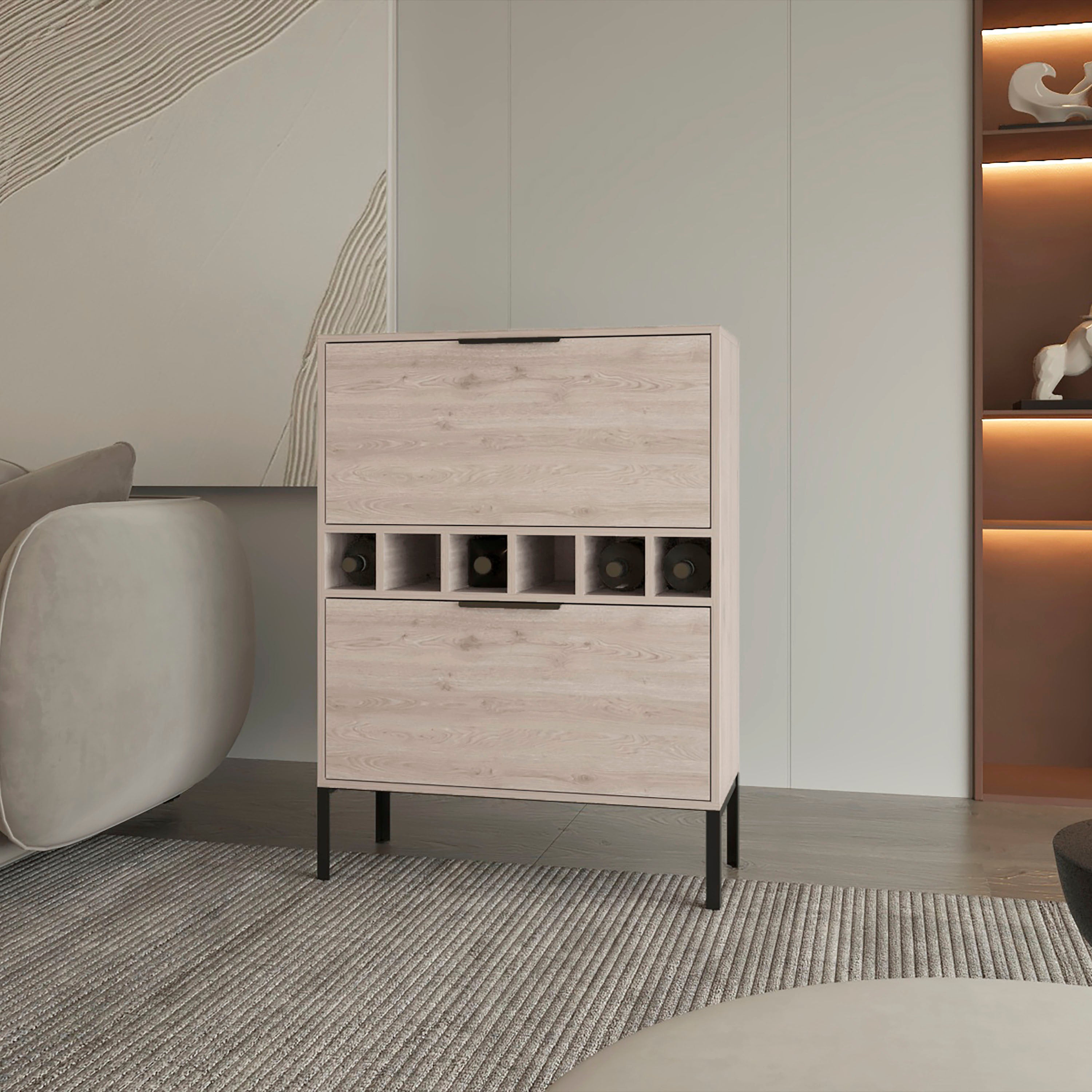 Mueble bar lyrata, en melamina con botellero para vinos y 4 estantes.