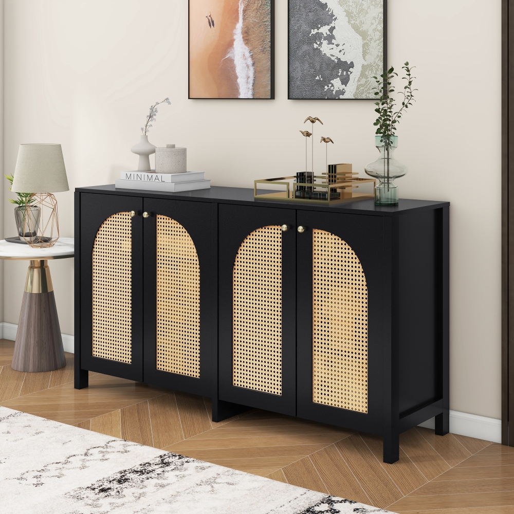 Aparador de 4 puertas con ratán sintético negro