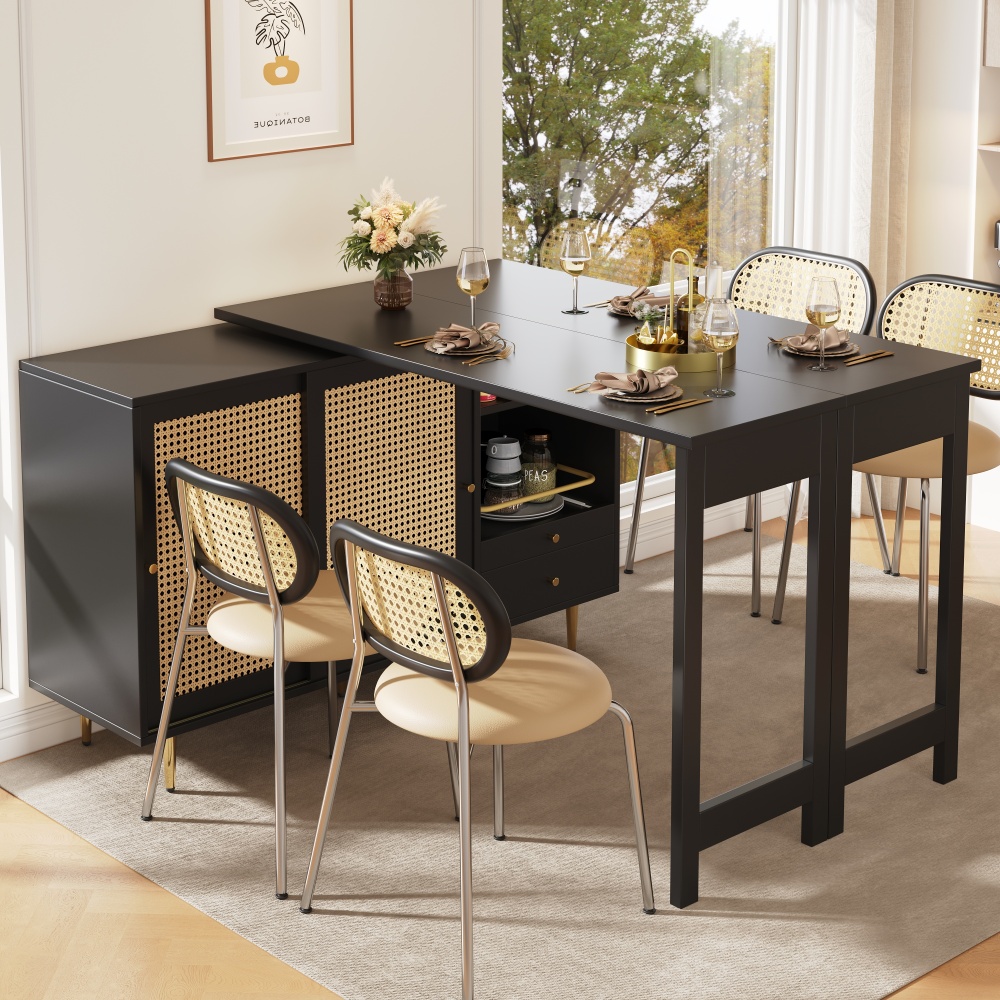 Isla de cocina giratoria extensible armario cajón negro 71,4x107x40cm
