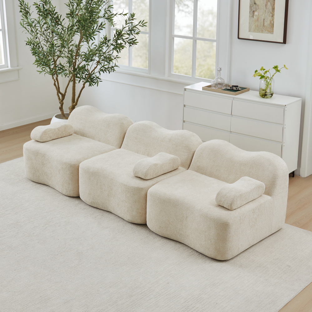 Sofá modular 3 plazas terciopelo beige asiento profundo diseño ondulado