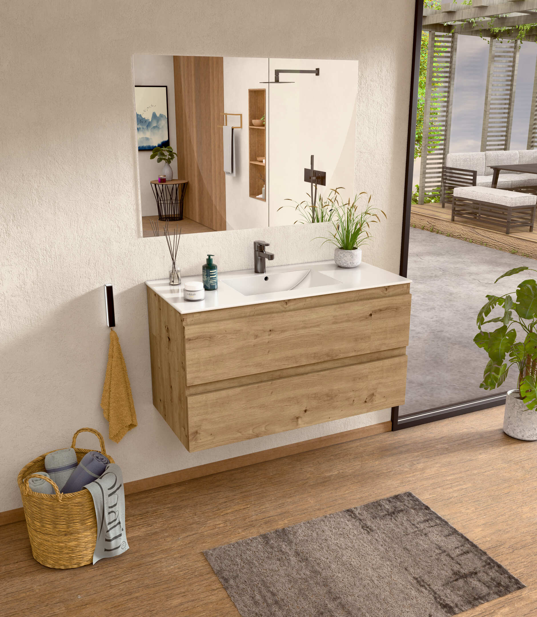 Mueble baño suspendido 100 cm roble, encimera y espejo bellobath