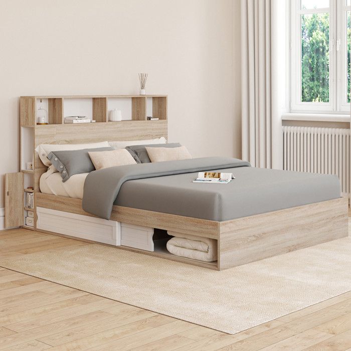 Cama doble con almacenamiento de madera blanca - 140 x 190 cm