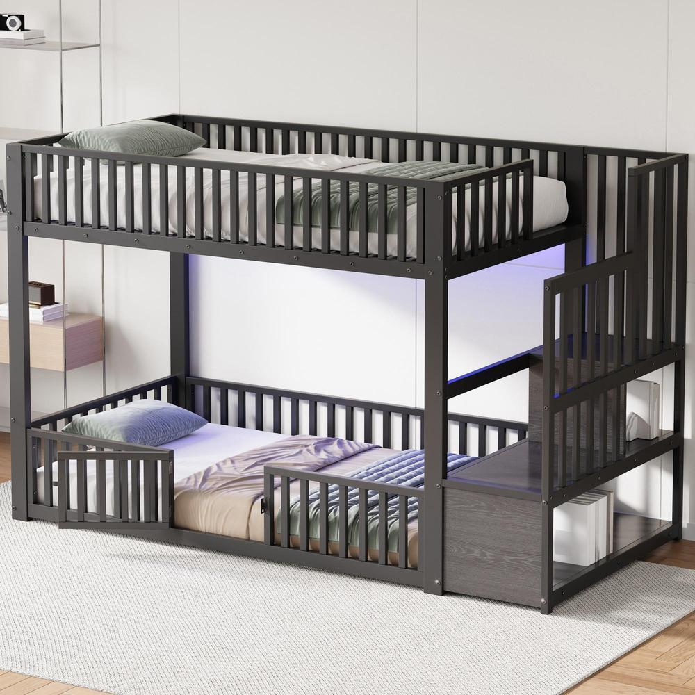 Litera 90x200cm con escalera almacenaje LED negro