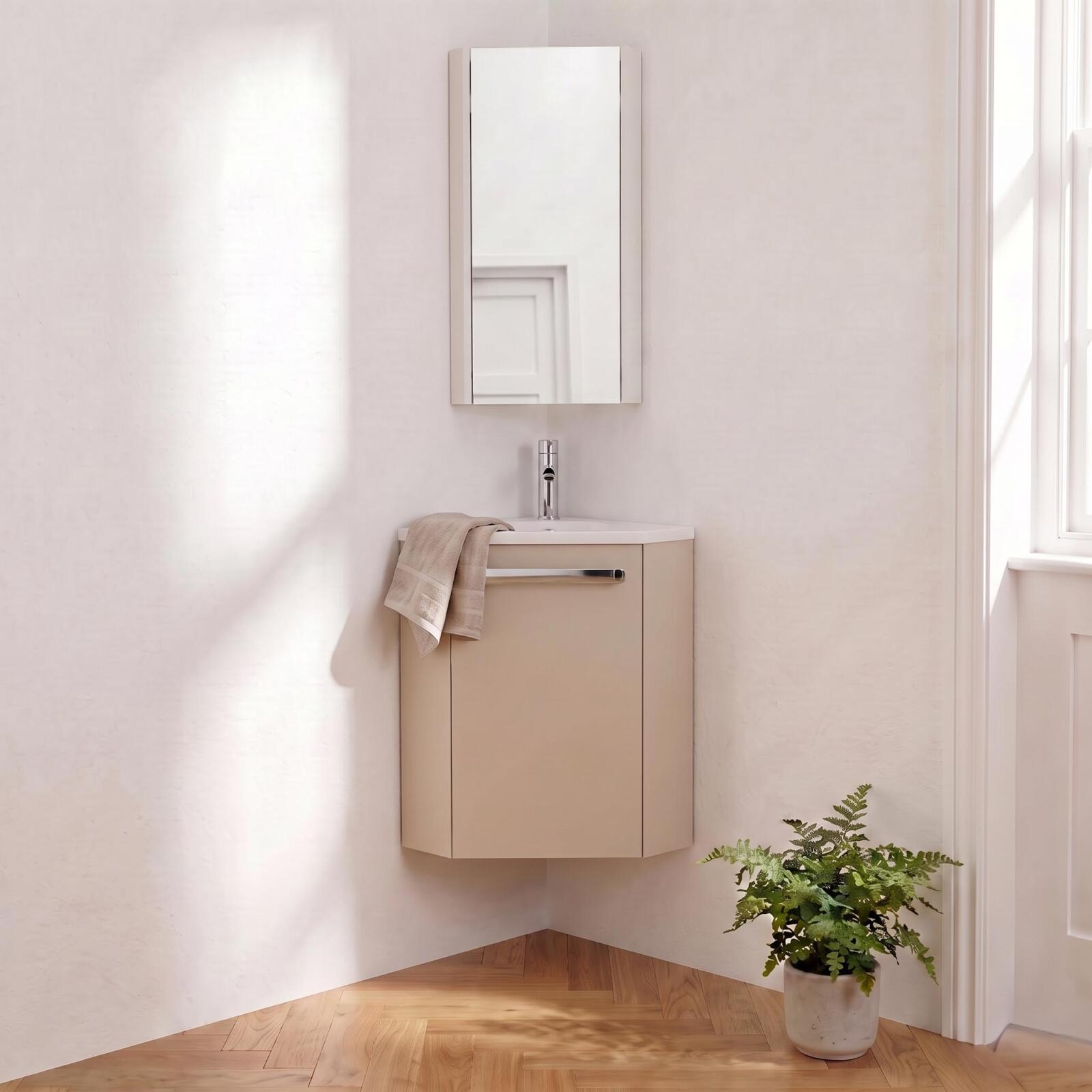 Lavabo de esquina + grifería + mueble skino