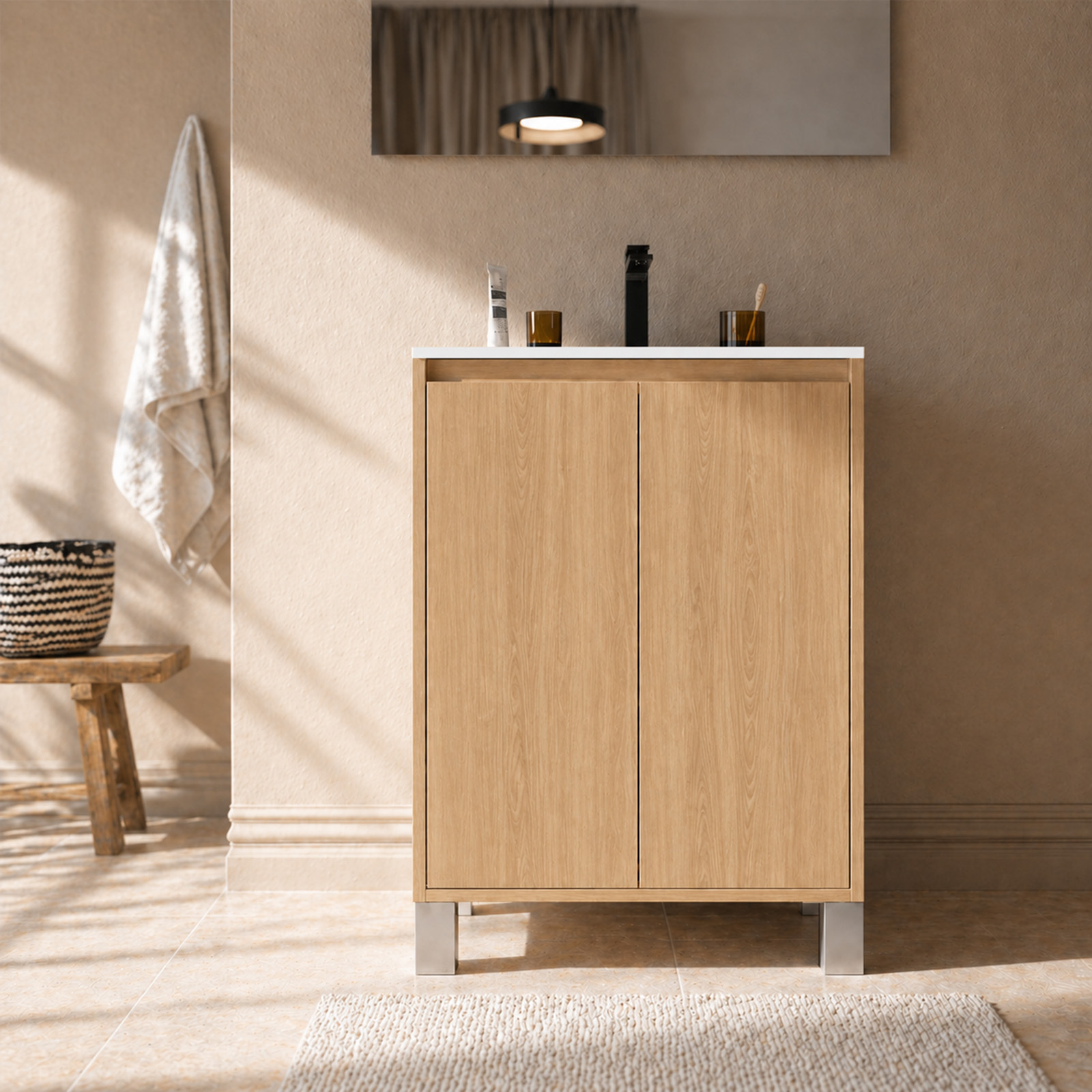 Pack mueble de baño 50cm roble claro 2 puertas con lavabo de cerámica