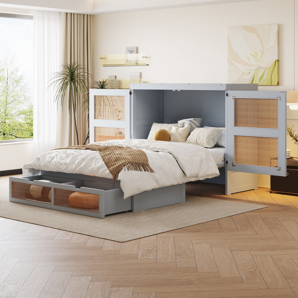 Cama de pared 140x200cm cama abatible con somier y cajones, madera – gris