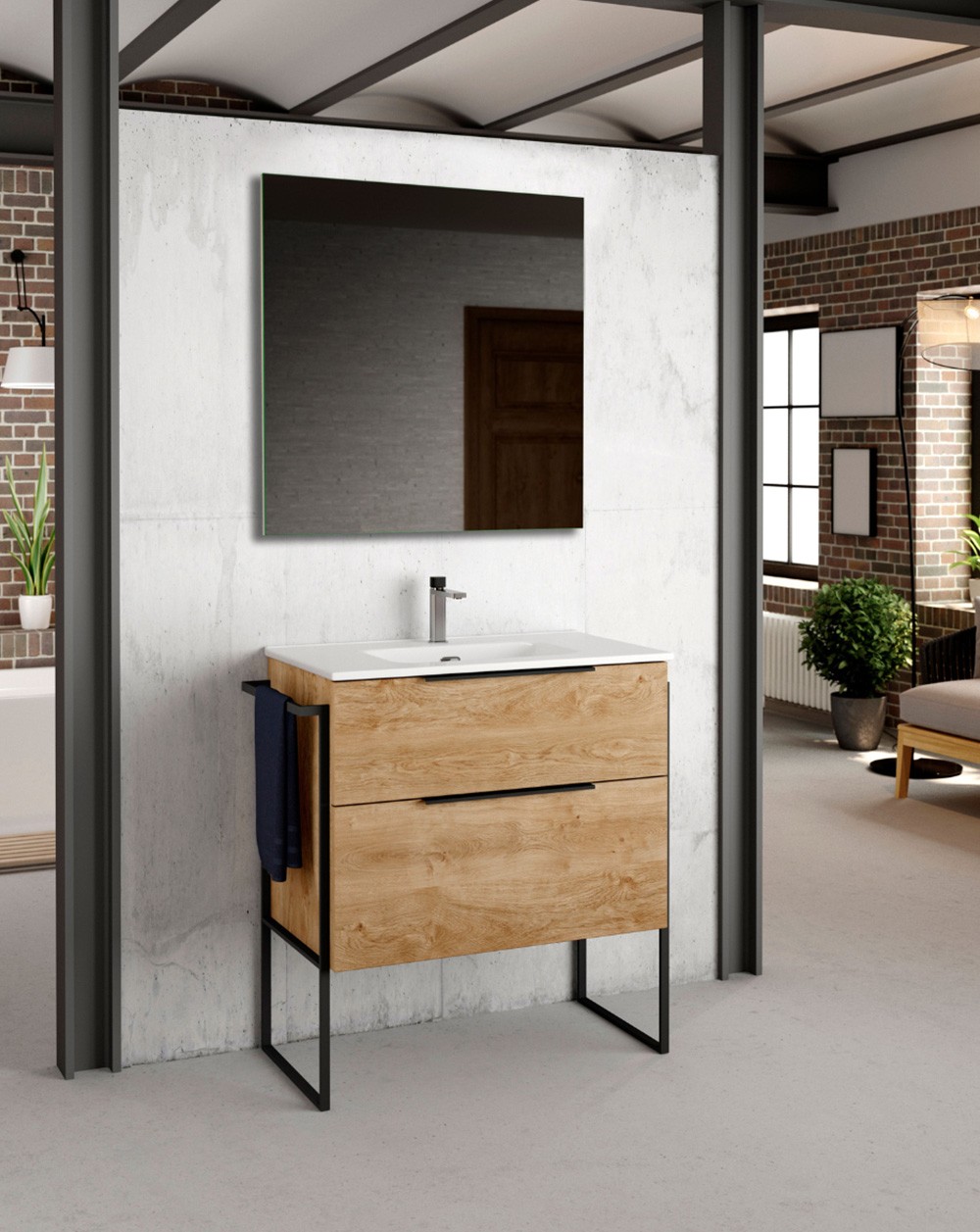 Mueble de baño al suelo con lavabo cerámico | 80 cm - roble natural