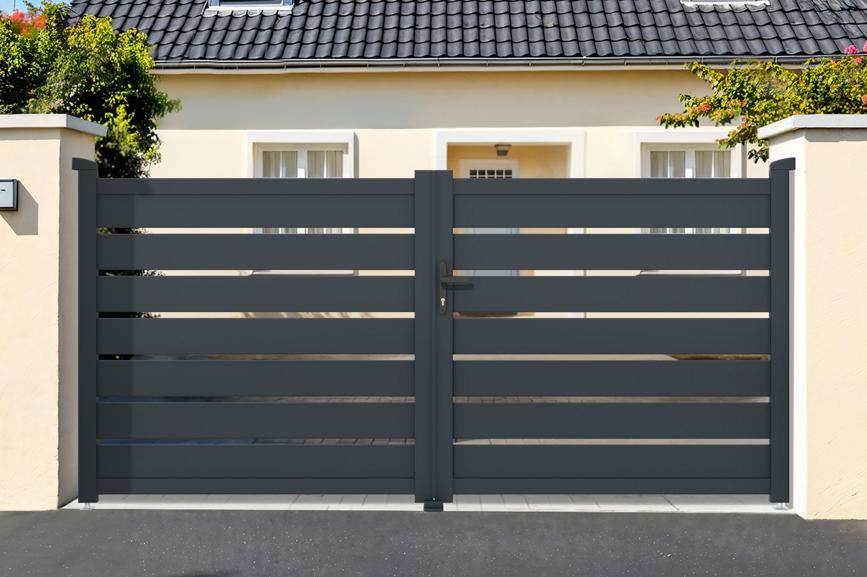 Puerta batiente regulable ancho 3,5m vogel h.140cm aluminio gris