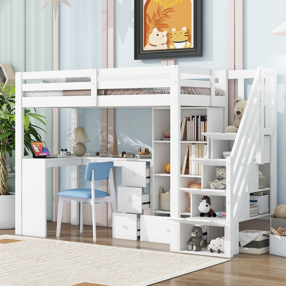 Cama alta 90x200cm con escritorio, estantes y almacenaje pino+mdf – blanco