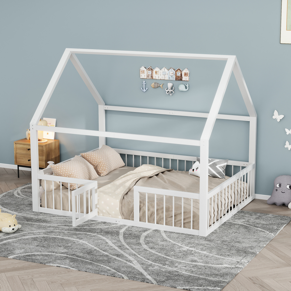 Cama doble 140x200cm con barandilla estructura metálica – blanco