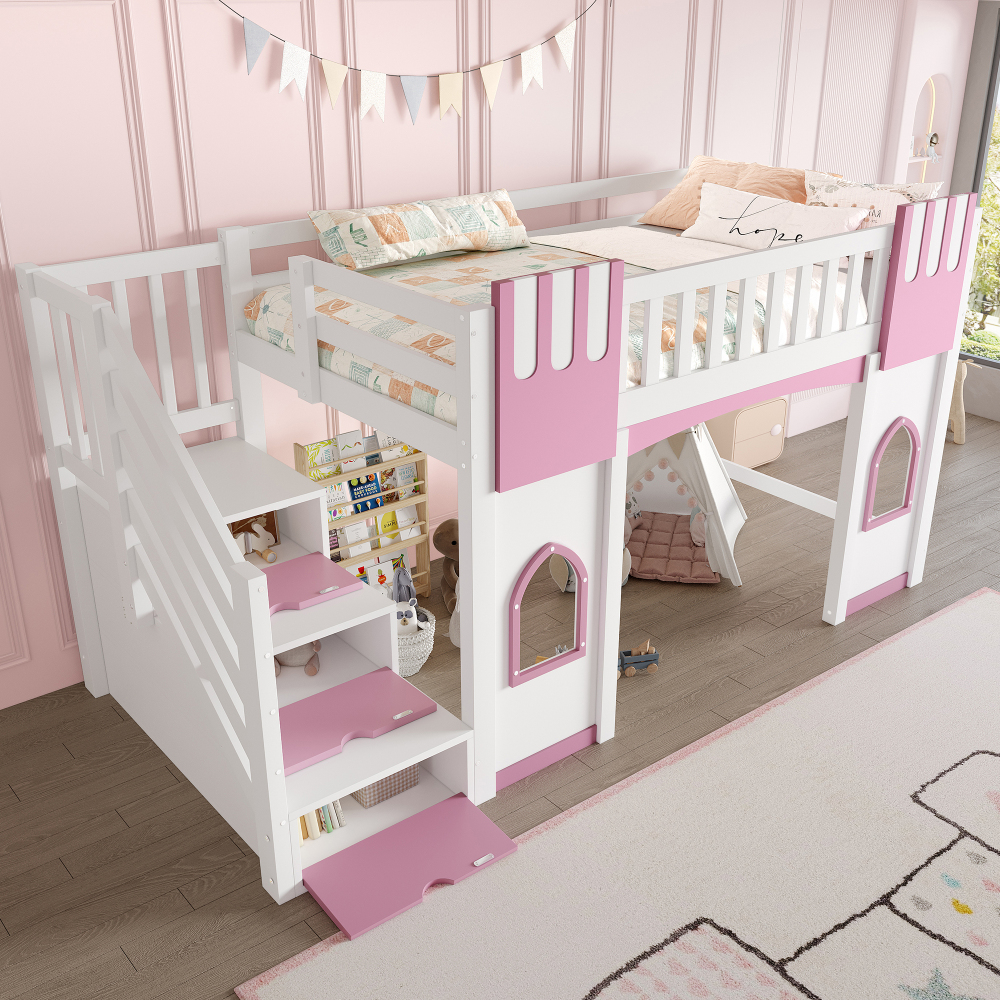 Cama alta 90x200cm con escalera de almacenaje y ventanas madera blanco+rosa