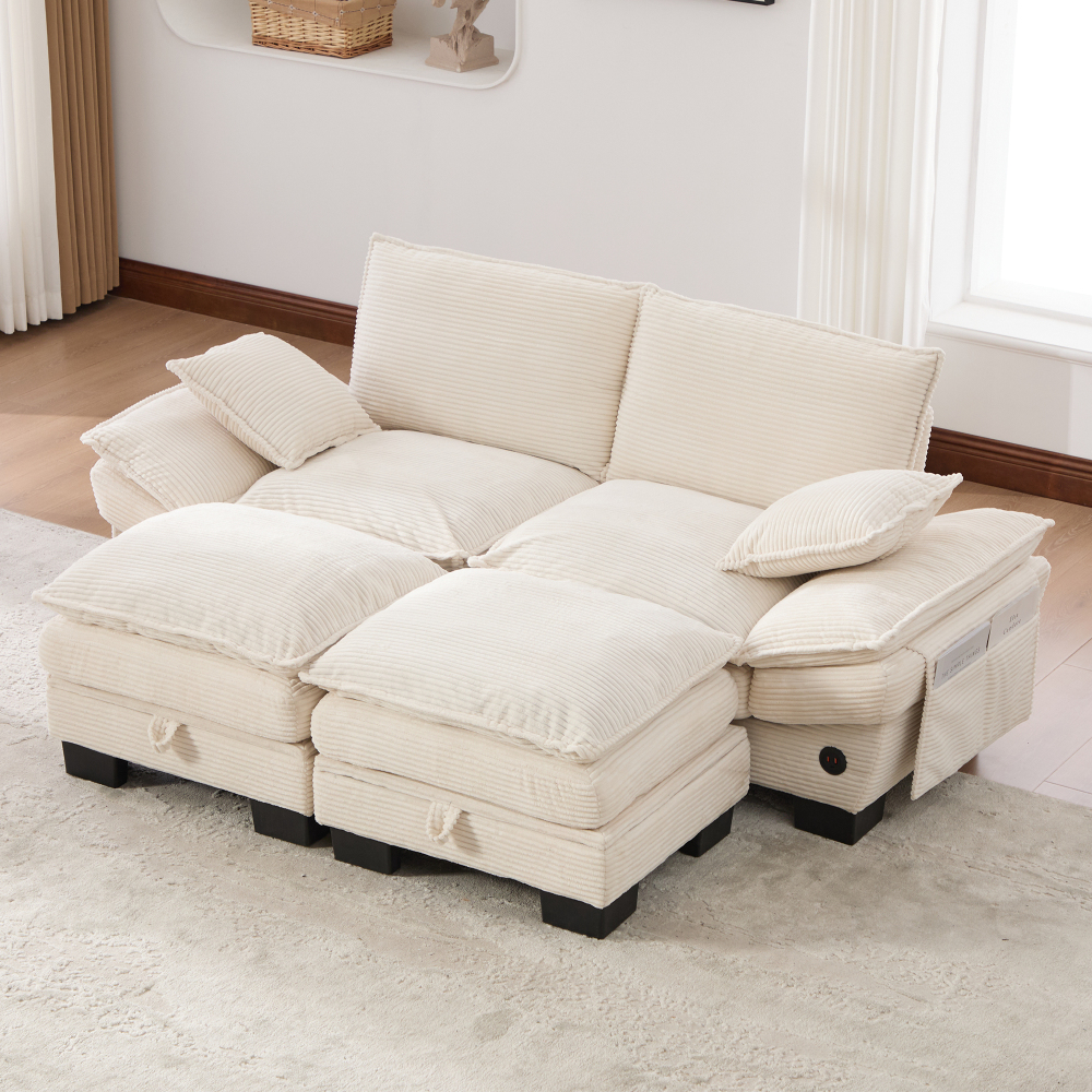 Sofá modular 2 plazas de pana beige con 2 pufs usb c y bolsillos laterales