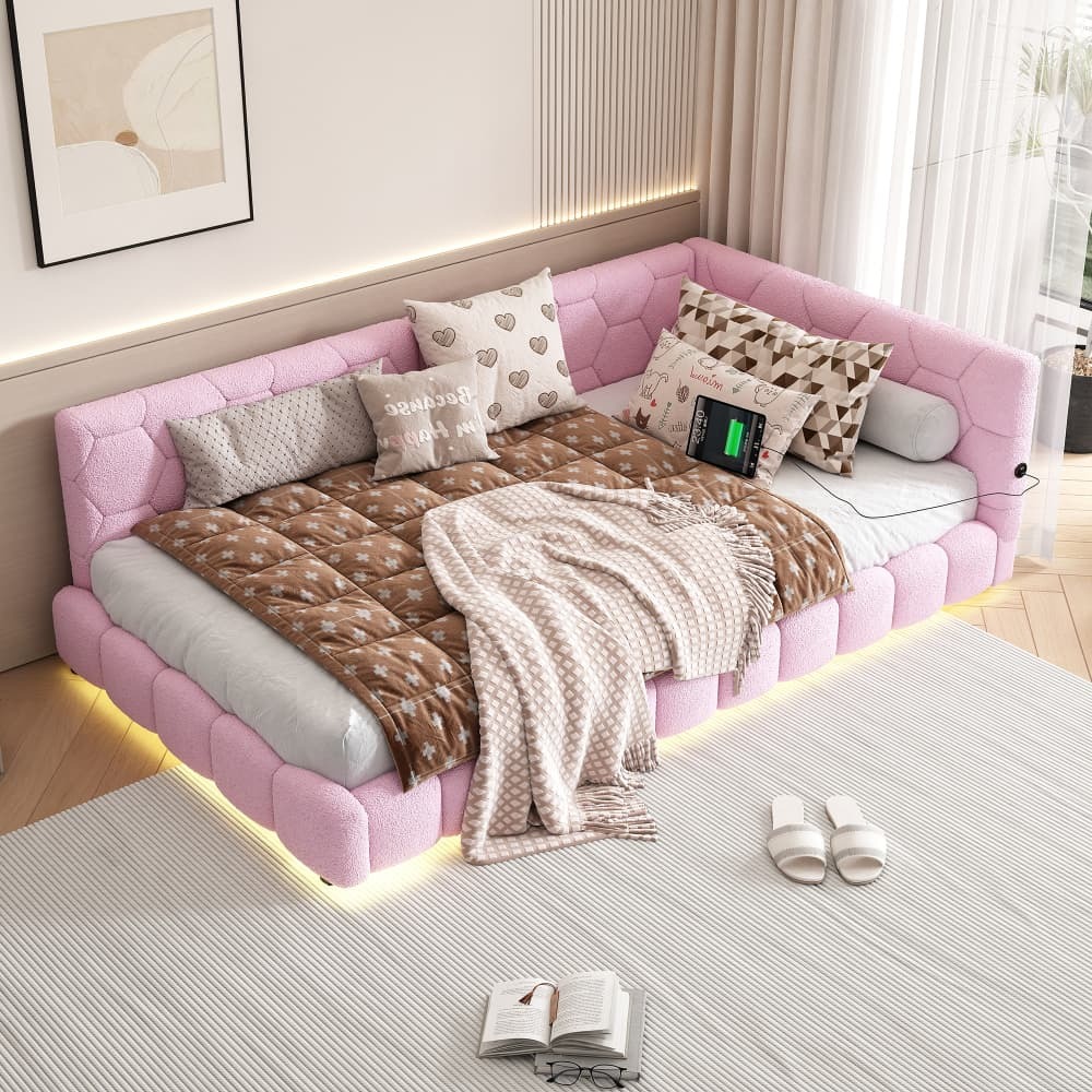 Cama tapizada 90x200cm con LED y puertos de carga terciopelo – color rosa