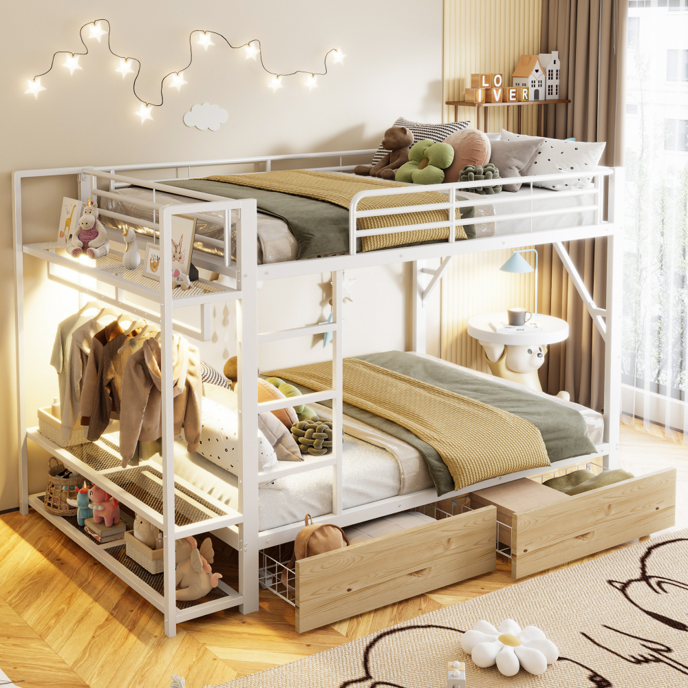 Litera 140x200 cm con cajones, estantes, LED y barra metálica – blanco