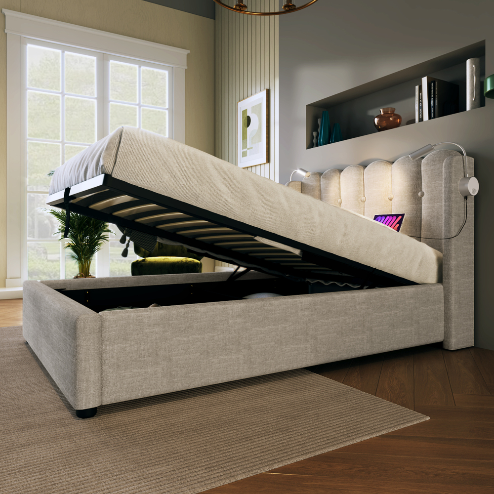 Cama tapizada 90x200cm almacenaje luz lectura usb lino beige con colchón