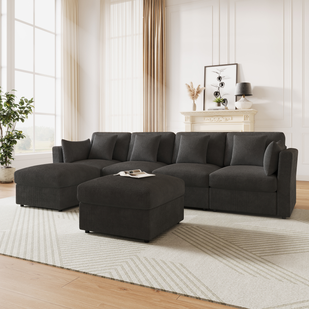 Sofá en u modular pana gris 4-6 plazas con otomanas