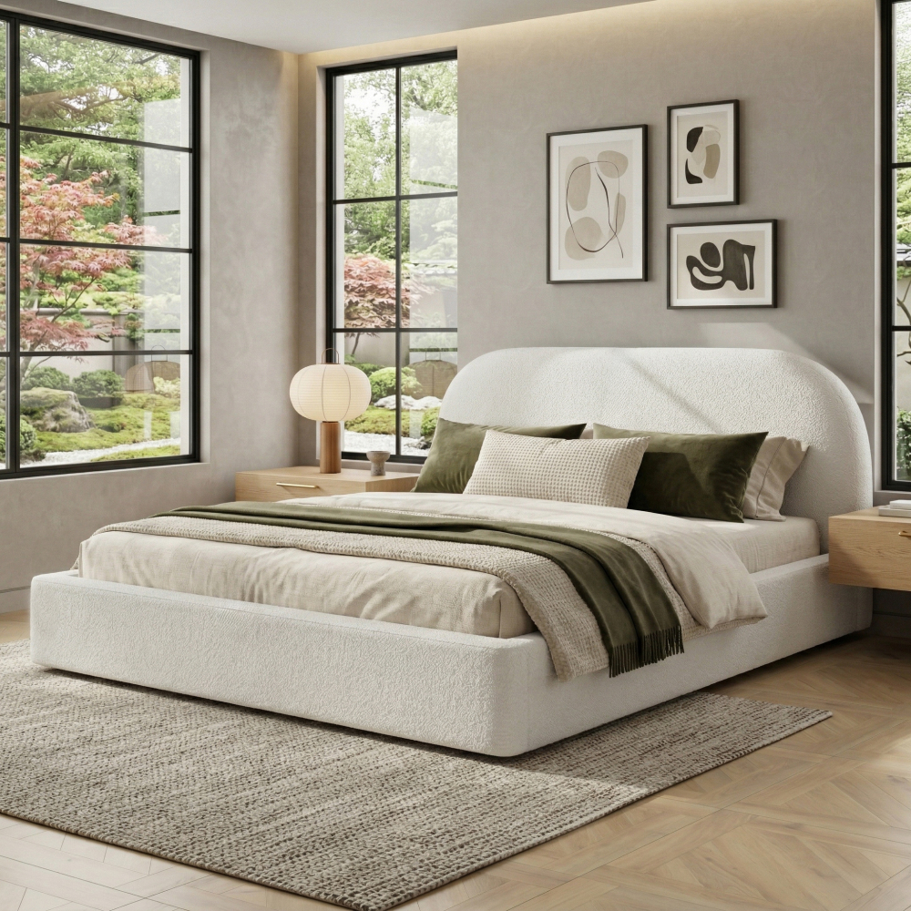 Cama tapizada 180x200cm con somier y cabecero acolchado bouclé