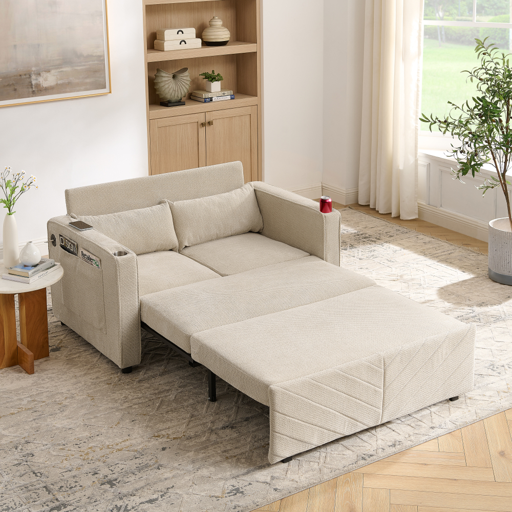 Sofá cama 3 en 1 tela beige 2 plazas con carga usb y apertura deslizante