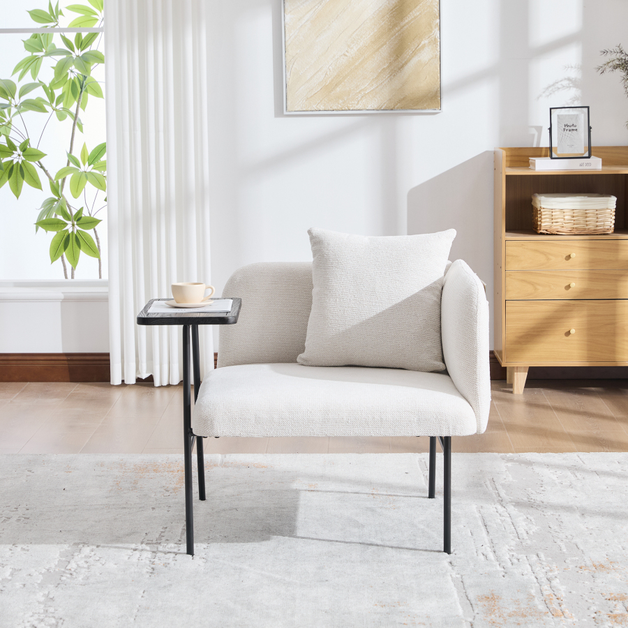 Sillón individual chenilla beige con mesa lateral y bolsillos